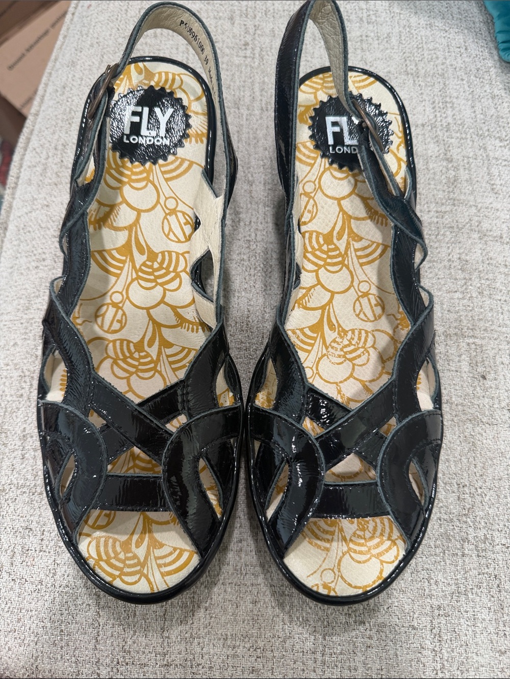 FLY London Black Patent Cutout Slingback Sandals
